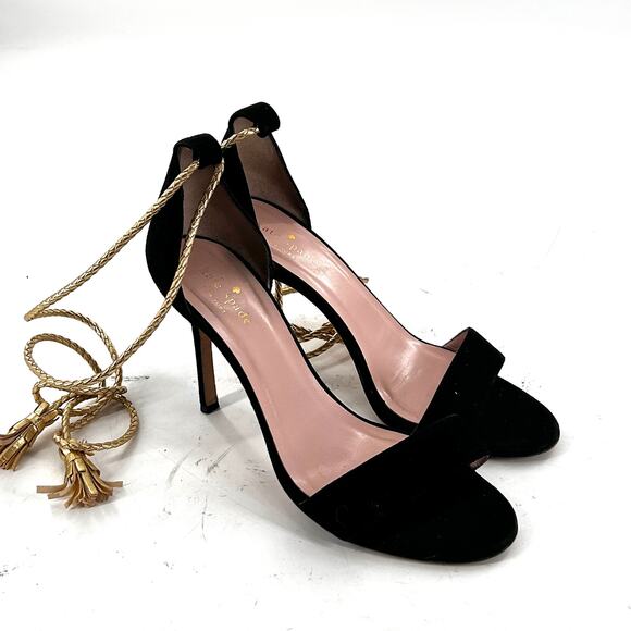 Kate Spade Inez Heels 9.5 Black Suede Sandals Ankle Wrap Gold Braid Bow Glam - Picture 4 of 10